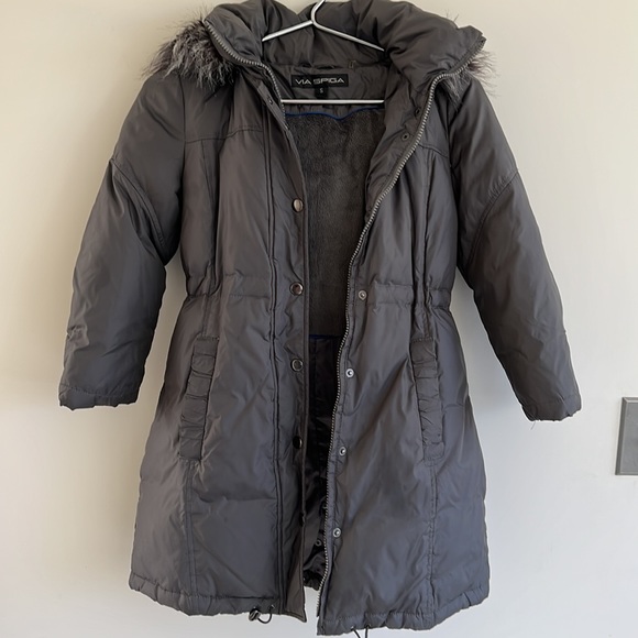 EUC Via Spiga Gray Puffer Coat Jacket Girls Sz S Hooded Faux Fur Fleece - Picture 2 of 16